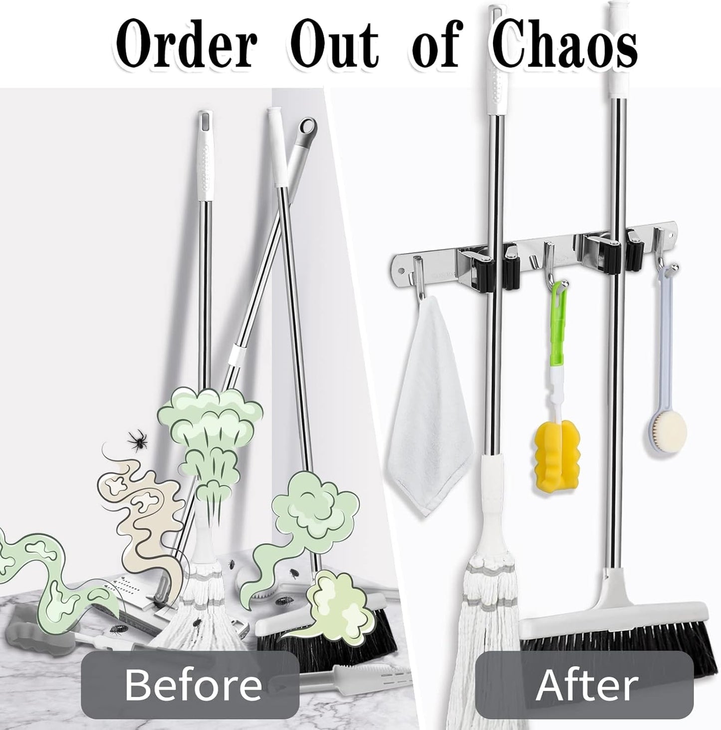 Skiennix Wall-Mounted Broom and Mop Holder - Heavy-Duty Stainless Steel Organizer with 2 Racks & 3 Hooks | Non-Slip Design for Home & Garage