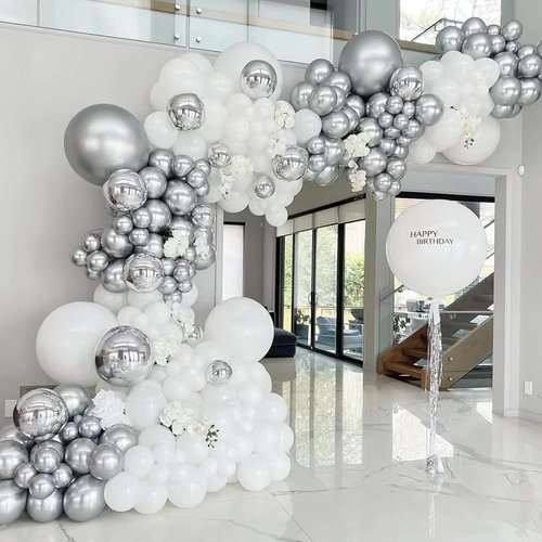 Awenztech Metallic Silver Balloon Arch Kit - 120pcs Chrome Latex Balloons for Weddings, Baby Showers & Parties