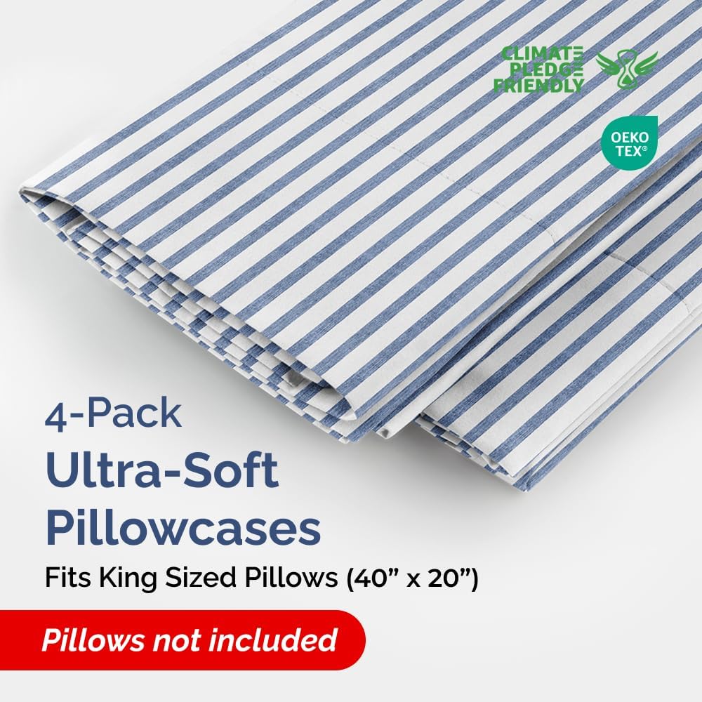King Pillow Cases by [Brand Name] - Ultra Soft Hotel Quality - Wrinkle Free & Fade Resistant - Set of 4 Blue Stripes