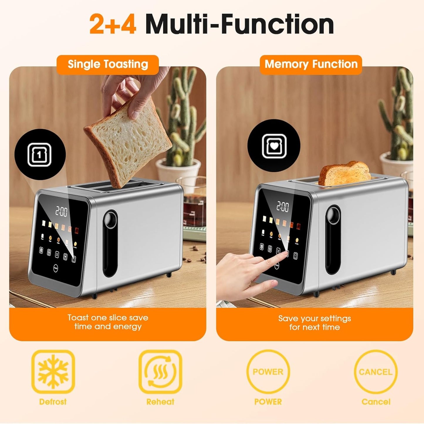 Smart Digital Touchscreen 2-Slice Toaster by [Brand Name] - Stainless Steel with Extra-Wide 1.5" Slots for Bagels & Artisan Bread | 900W Fast, Even Toasting