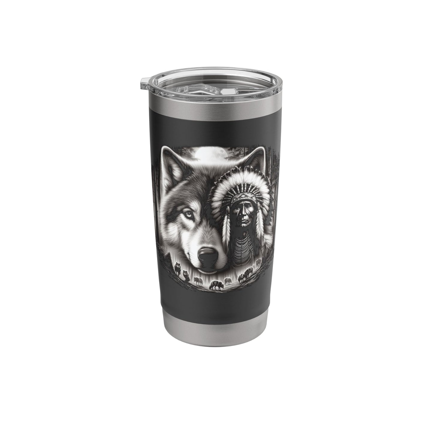Native American Indian and Wolf Feathers Chief Art Stainless Steel Insulated Tumbler