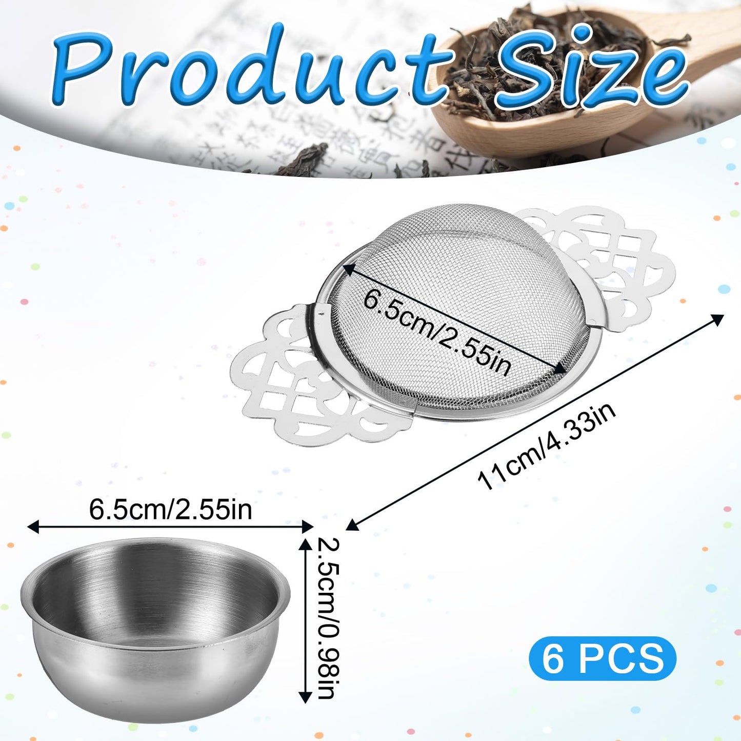 6 Pack Tea Filter Strainers Stainless Steel Loose Tea Infusers 2.5 Inch Tea Steeper with Double Wing Extender and Drip Bowl Sliver Small Fine Mesh Tea Strainers for Loose Tea Juice Coffee Filter