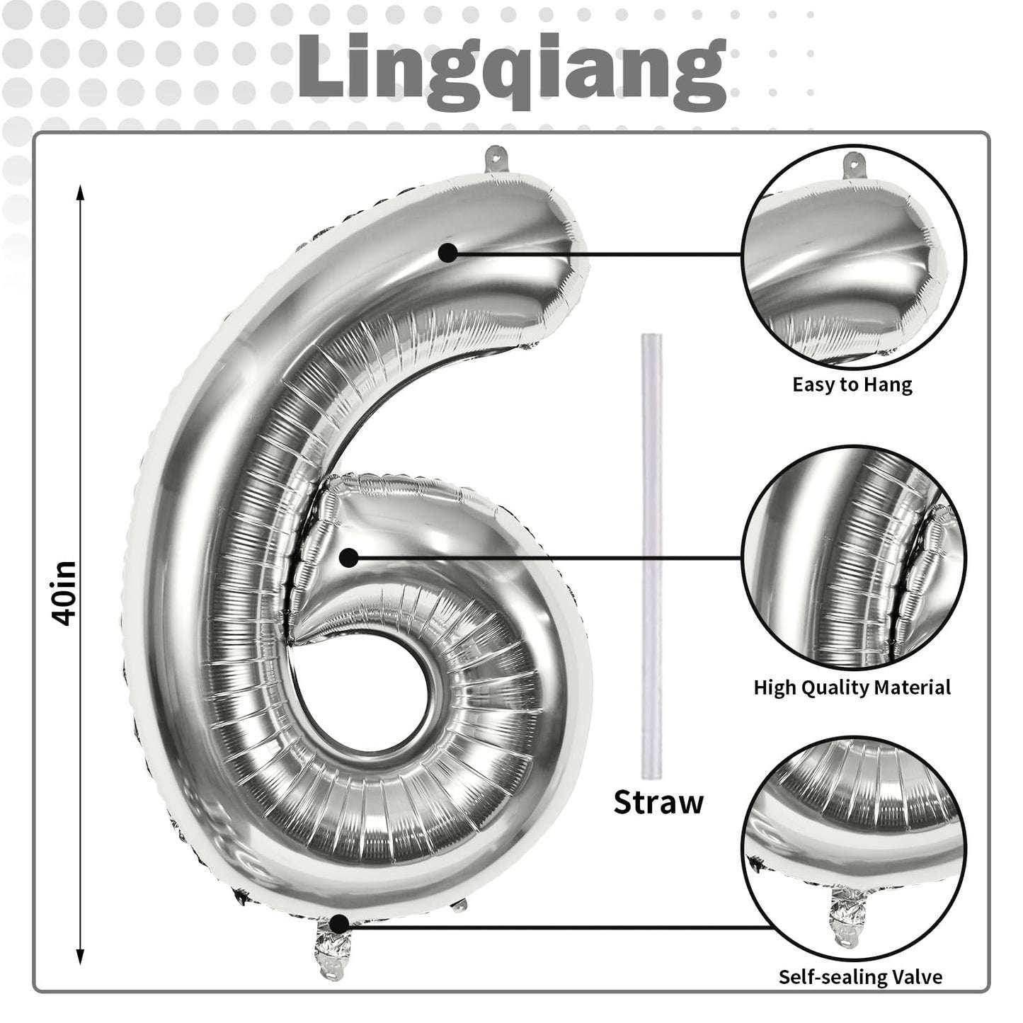 40" Silver Number 6 Balloon for Girls Boys, Large Self Inflating Helium Foil Number Balloons Set 0-9 for Women Men 6th 16th 60th Birthday Anniversary Wedding New Year Party Decorations Supplies