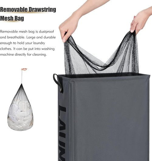 DOKEHOM Slim Laundry Basket - 27.5-Inch Rolling Hamper with Removable Wash Bag | Grey, Foldable Design