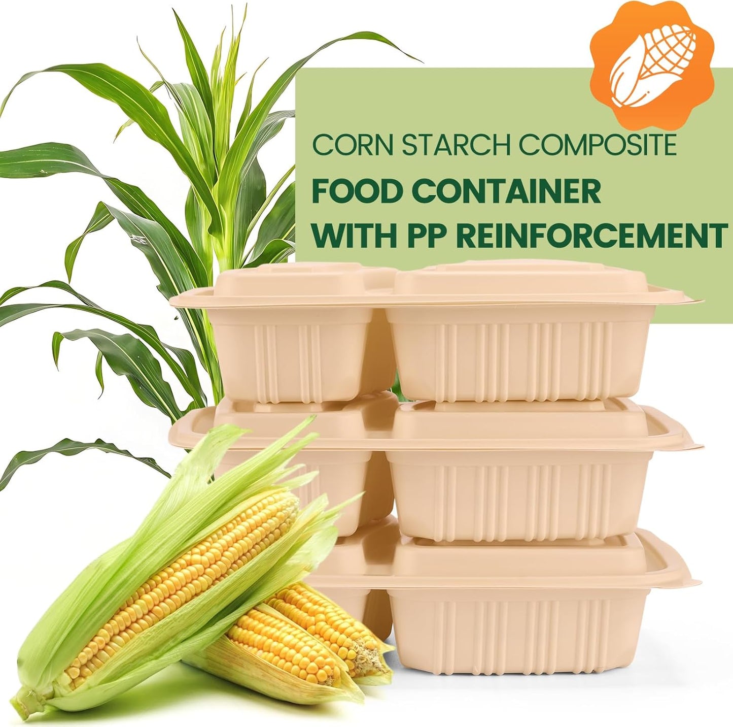 Meal Prep Containers - 100 Piece Reusable 2 Compartment 32 oz Cornstarch Snack Containers with Lids | Microwave & Freezer Safe