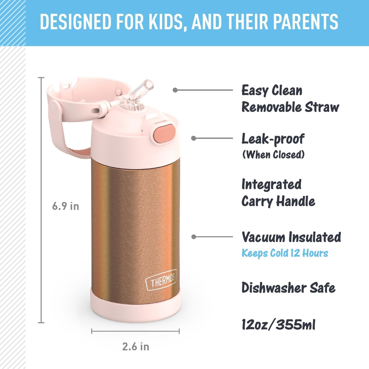 THERMOS FUNTAINER Water Bottle - 12 Ounce Kids Stainless Steel Vacuum Insulated with Straw | Rose Gold Glitter