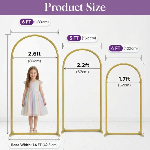 Gold Metal Arch Backdrop Stand Set by [Brand Name] | 3 Pack - 6FT, 5FT, 4FT for Weddings, Parties & Baby Showers