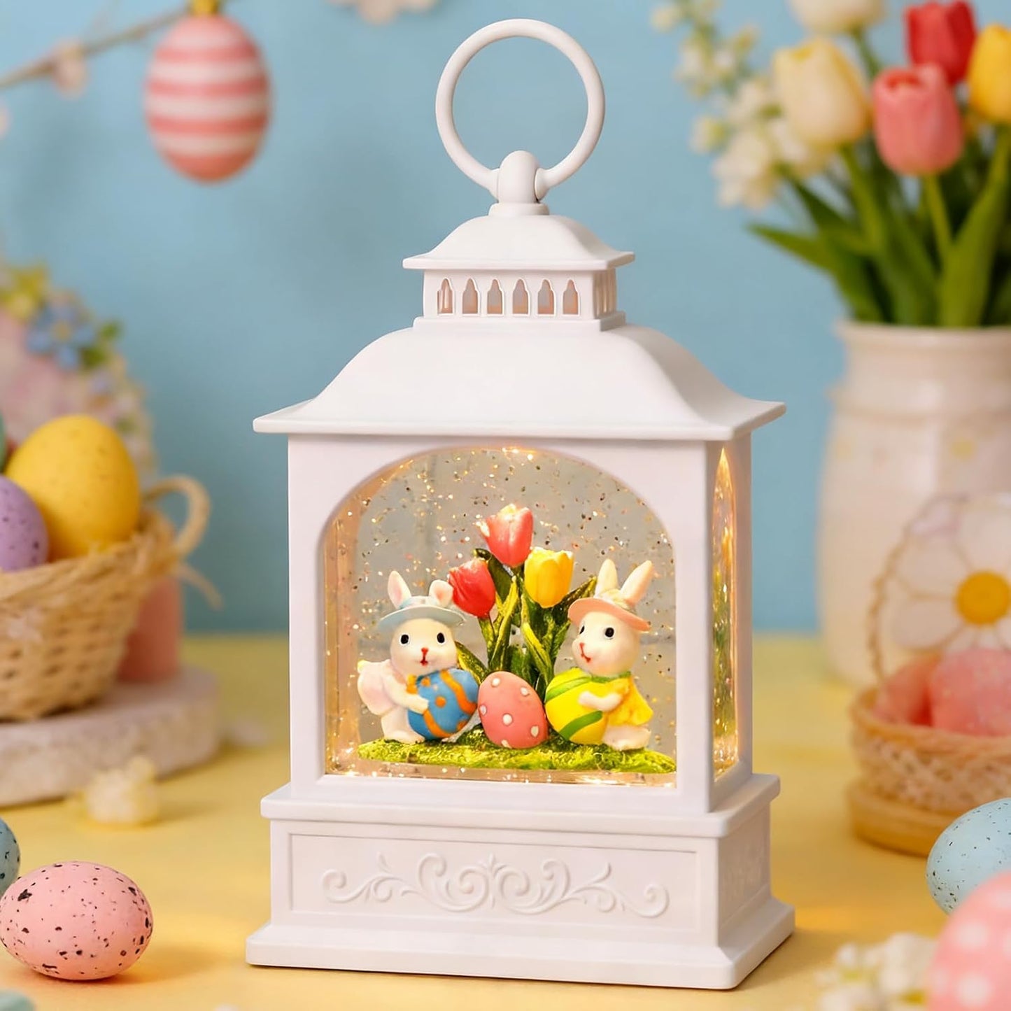 Skiennix Easter Bunny Snow Globe - Glitter Lantern with 6-Hour Timer & Colorful Eggs Decor