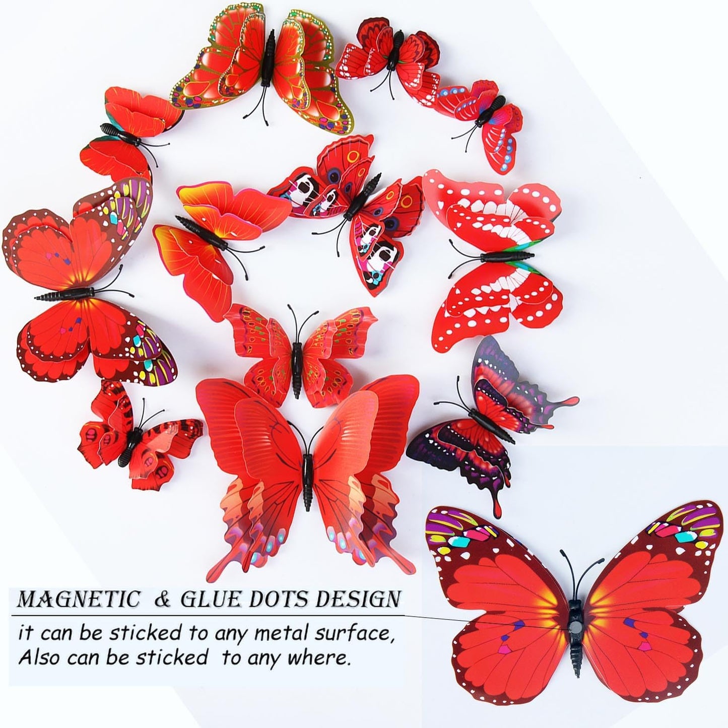 OPSEAM 3D Butterfly Wall Decor - 24 PCS Magnetic Stickers for Party Decorations (Red)