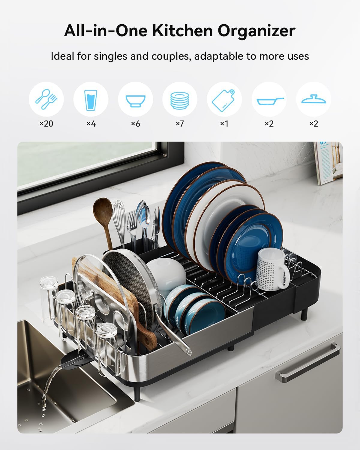 SUNLY Expandable Dish Drying Rack - Space-Saving Kitchen Organizer with Versatile Brackets - Black
