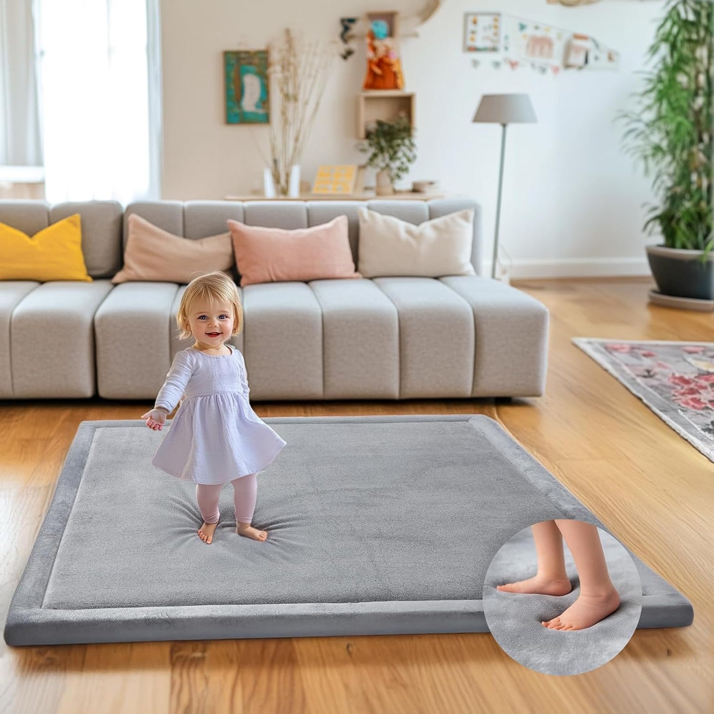 Mallify Ultra Soft Baby Play Mat - Large 50"x50" Non-Slip Velvet Tummy Time Mat in Gray