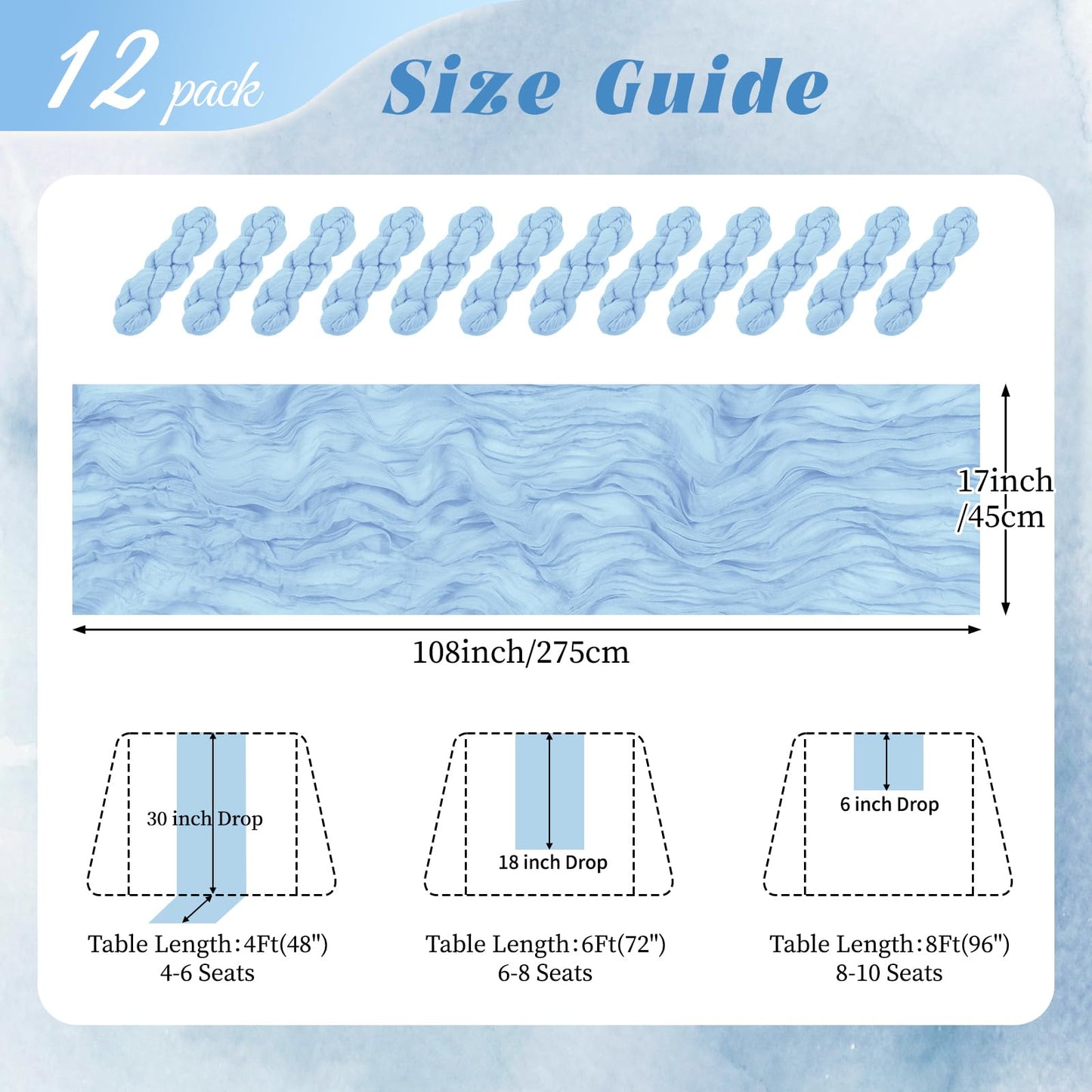 RealBox 12 Pack Baby Blue Cheesecloth Table Runner 17x108 Inch Semi Sheer Boho Gauze Cheese Cloth Fabric Table Runners, for Wedding Party Baby Shower Birthday Home Decor Garden Farmhouse