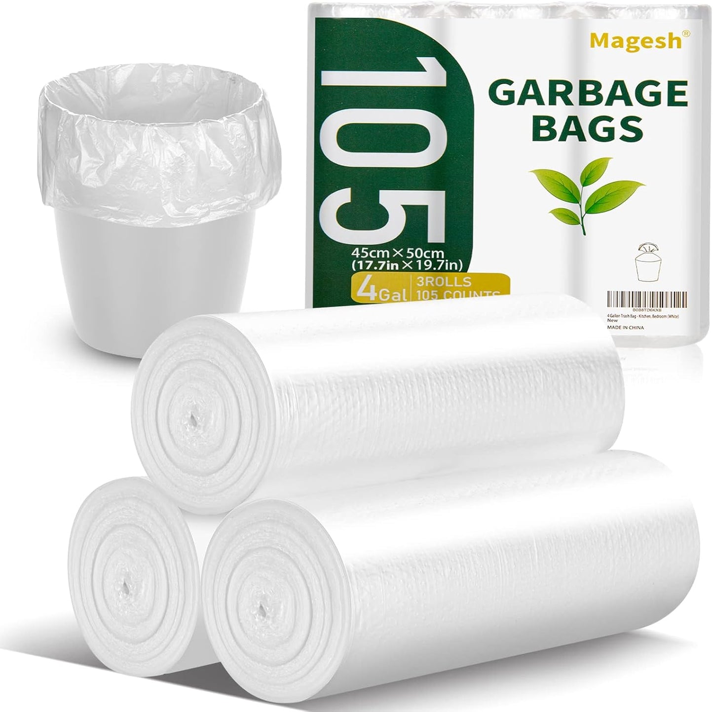 Magesh 4 Gallon Trash Bags - Strong, Leakage-Free, Unscented Thick Bags for Small Trash Cans | 15L, 105 Count, Clear