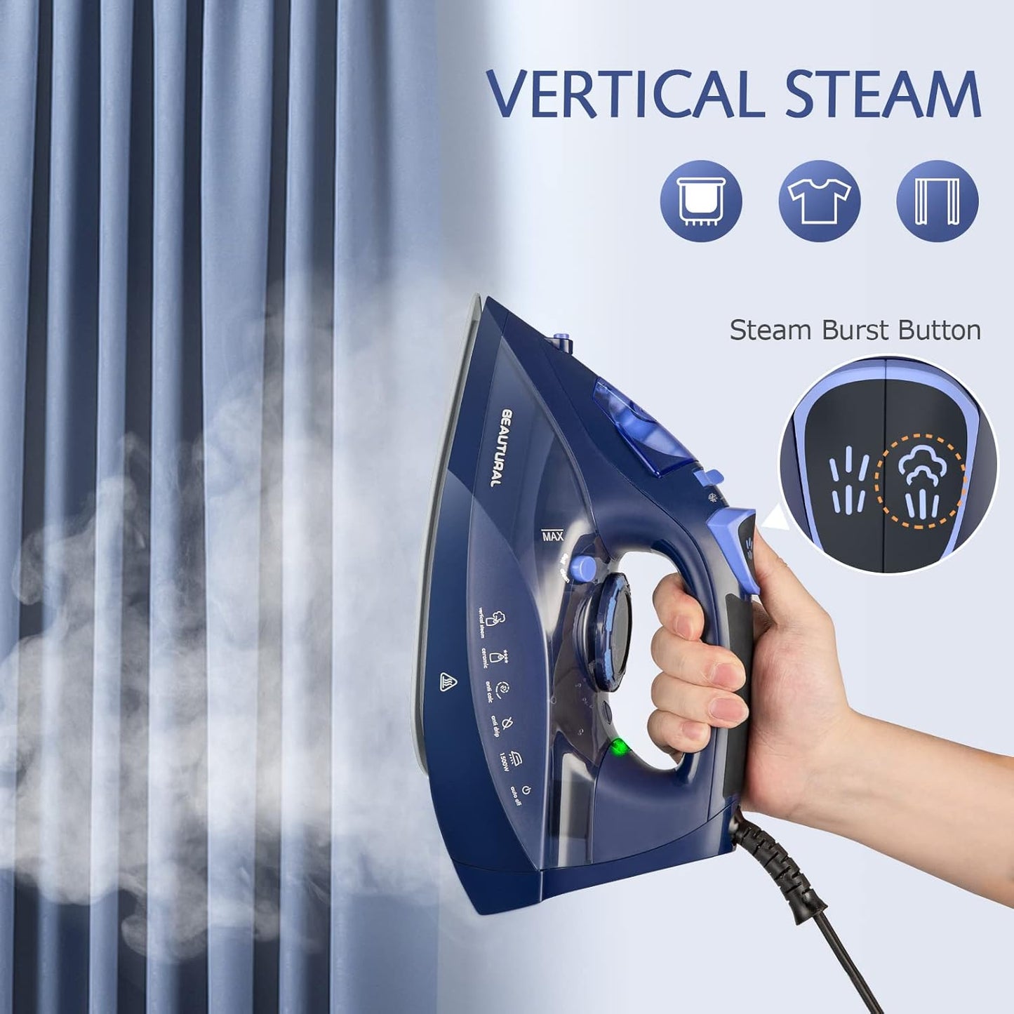 Beautural Steam Iron - Precision Thermostat Dial, Ceramic Soleplate, 3-Way Auto-Off, Self-Cleaning | Blue