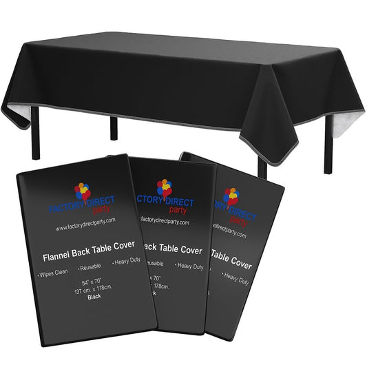Exquisite Black Vinyl Tablecloths - 70 in. Round - Pack of 3 Round Tablecloth with Flannel Backing - Plastic, Reusable & Waterproof