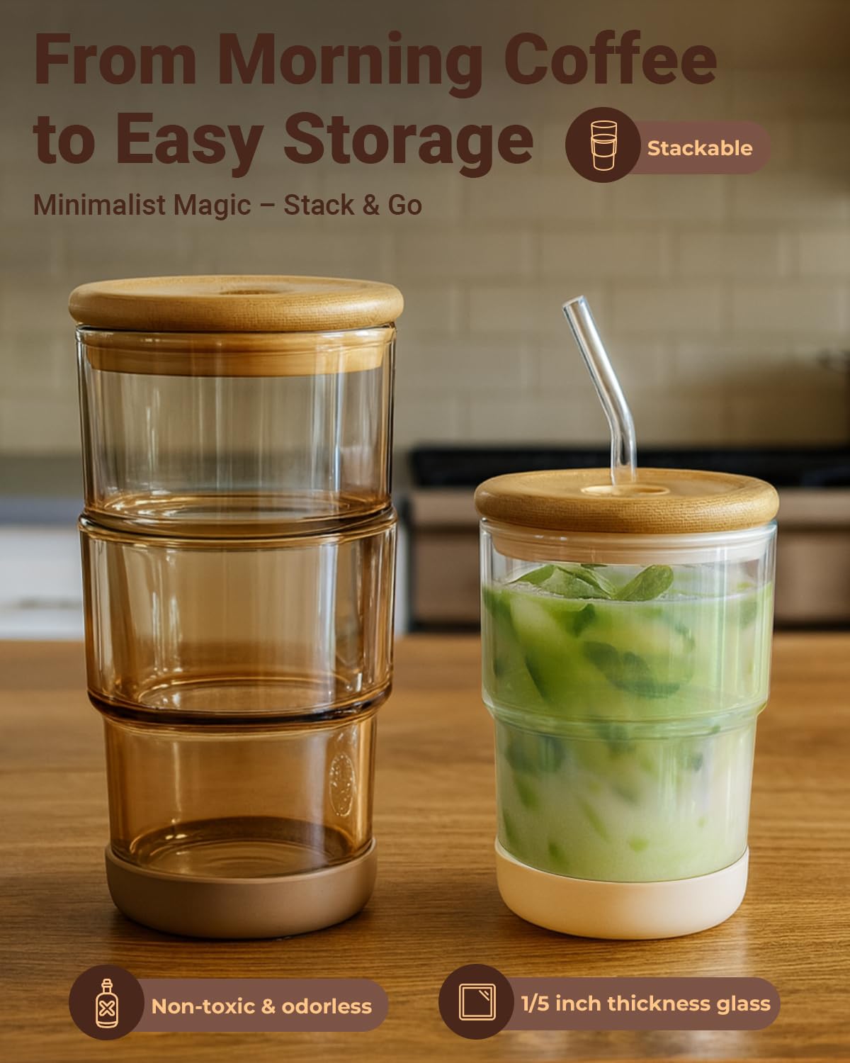 Zukro 13 oz/400ml Glass Cups with Bamboo Lid and Straw, Thick Wall Reusable Glass Tumbler for Iced Coffee, Tea, Matcha, Water Glasses for Home, Office, Non-Slip & BPA Free, Amber & Shrimmer