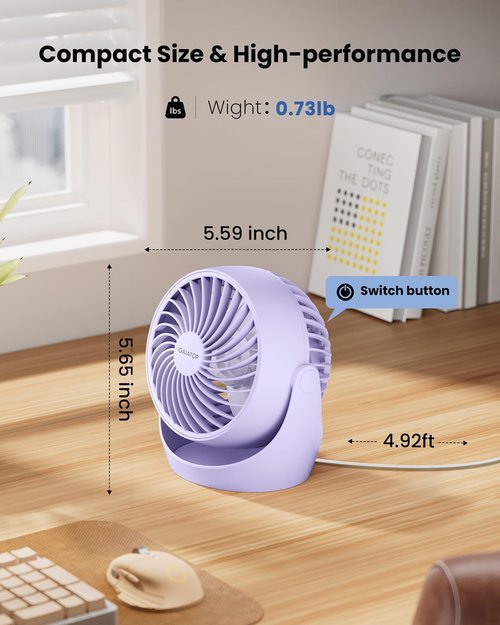 Gaiatop Desk Fan - 5-Inch Portable Electric Air Circulator | 3 Speed 360° Adjustable Tilt - Purple
