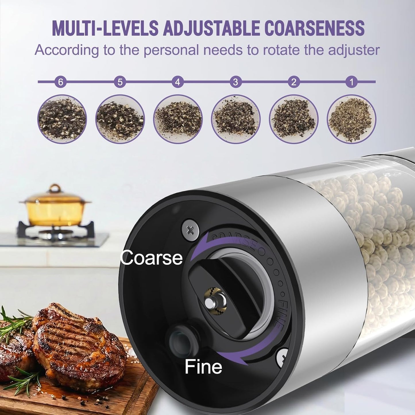 Skiennix Electric Salt and Pepper Grinder Set - Automatic Mill with LED Light & Adjustable Coarseness - Rechargeable Black & Sea Salt