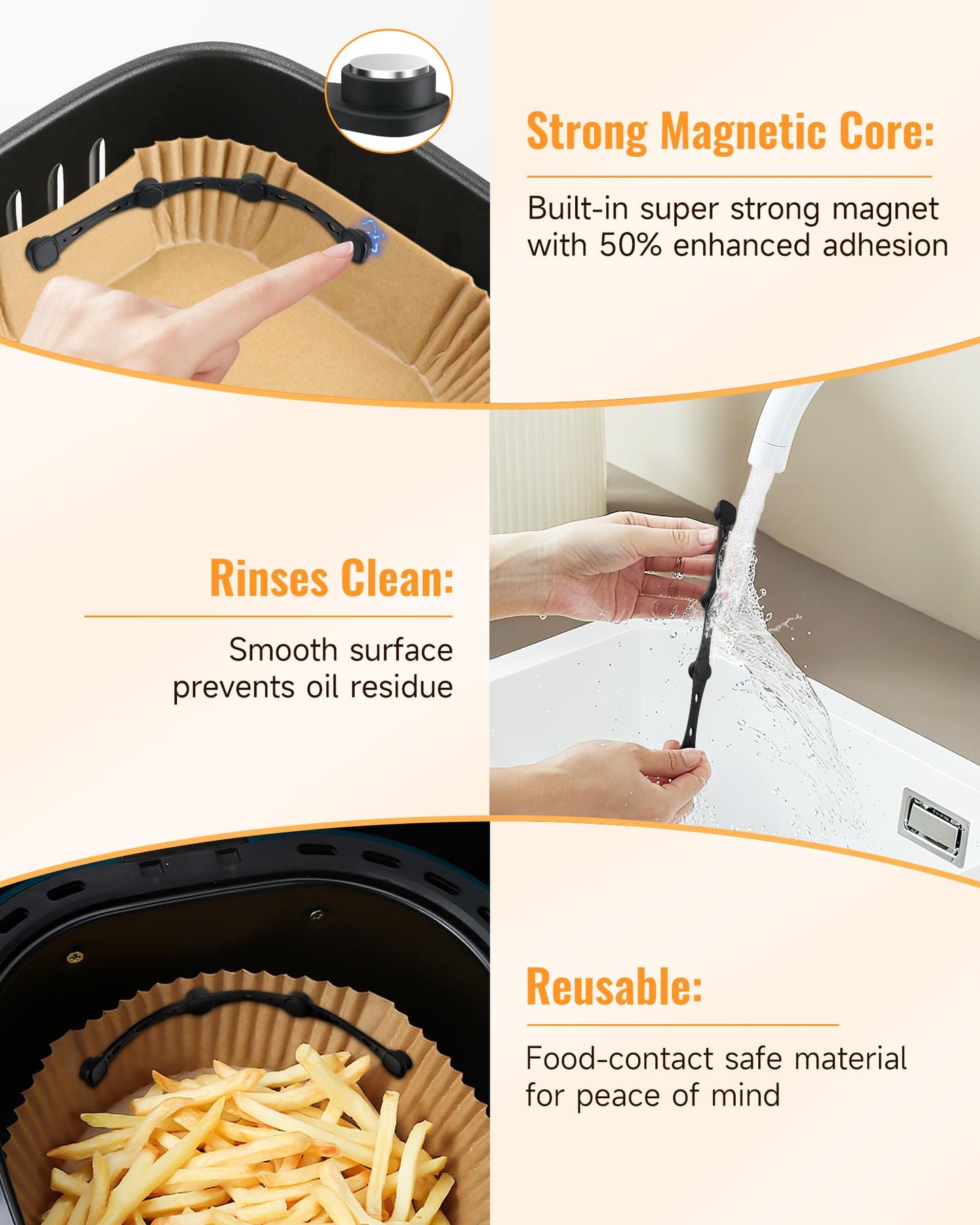 Air Fryer Magnets for Parchment Paper, 4Pcs Non-Segmented Design Air Fryer Accessories Locks Liner Magnet Silicone Buckle for Holding Down Disposable Safely, Prevent Covering Food＆Paper to Burn