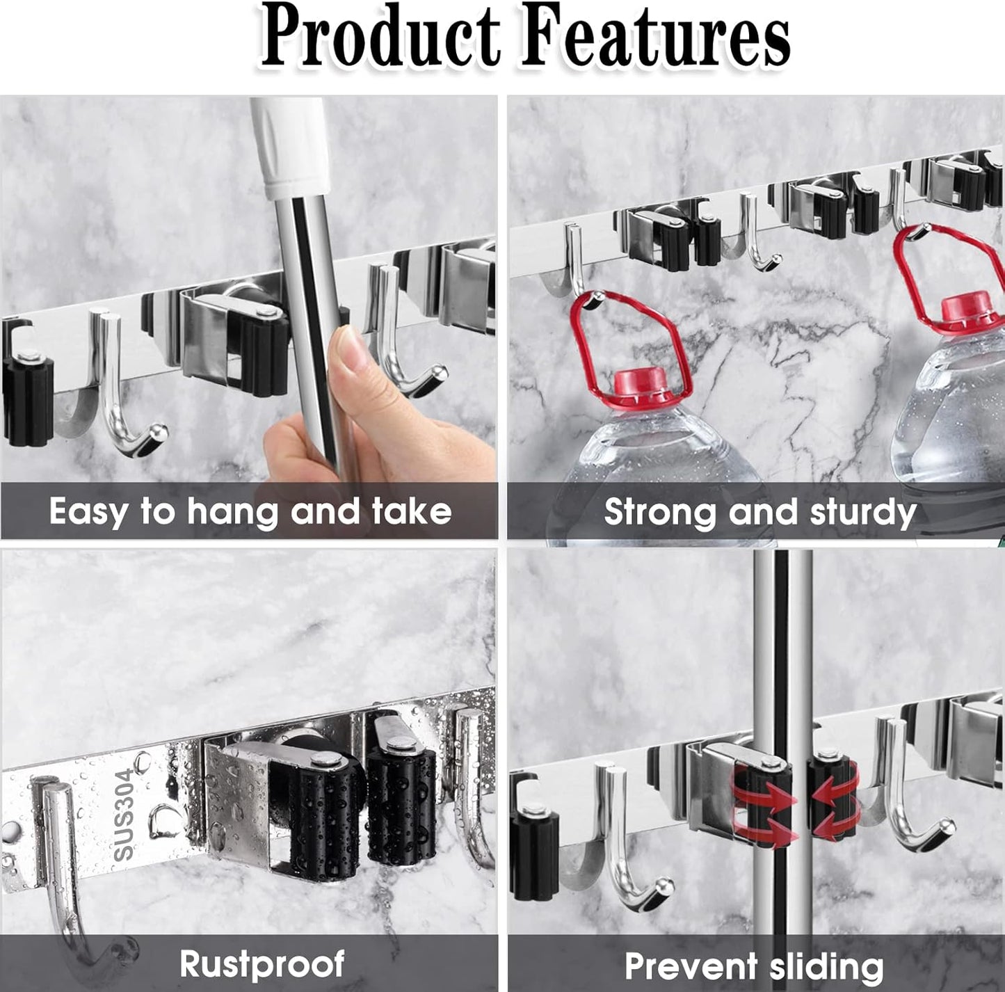 Regine Switzerland Wall-Mounted Broom & Mop Holder - Heavy-Duty Stainless Steel Organizer | 5 Racks & 4 Hooks