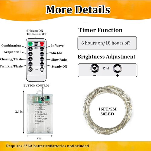 2-Pack 50 LED Fairy Lights Battery Operated with Remote Control Timer, 16 FT 50 LED Battery Lights Outdoor Indoor, 8 Mode Twinkle String Lights for Classroom Party Bedroom Christmas Décor (Warm White)