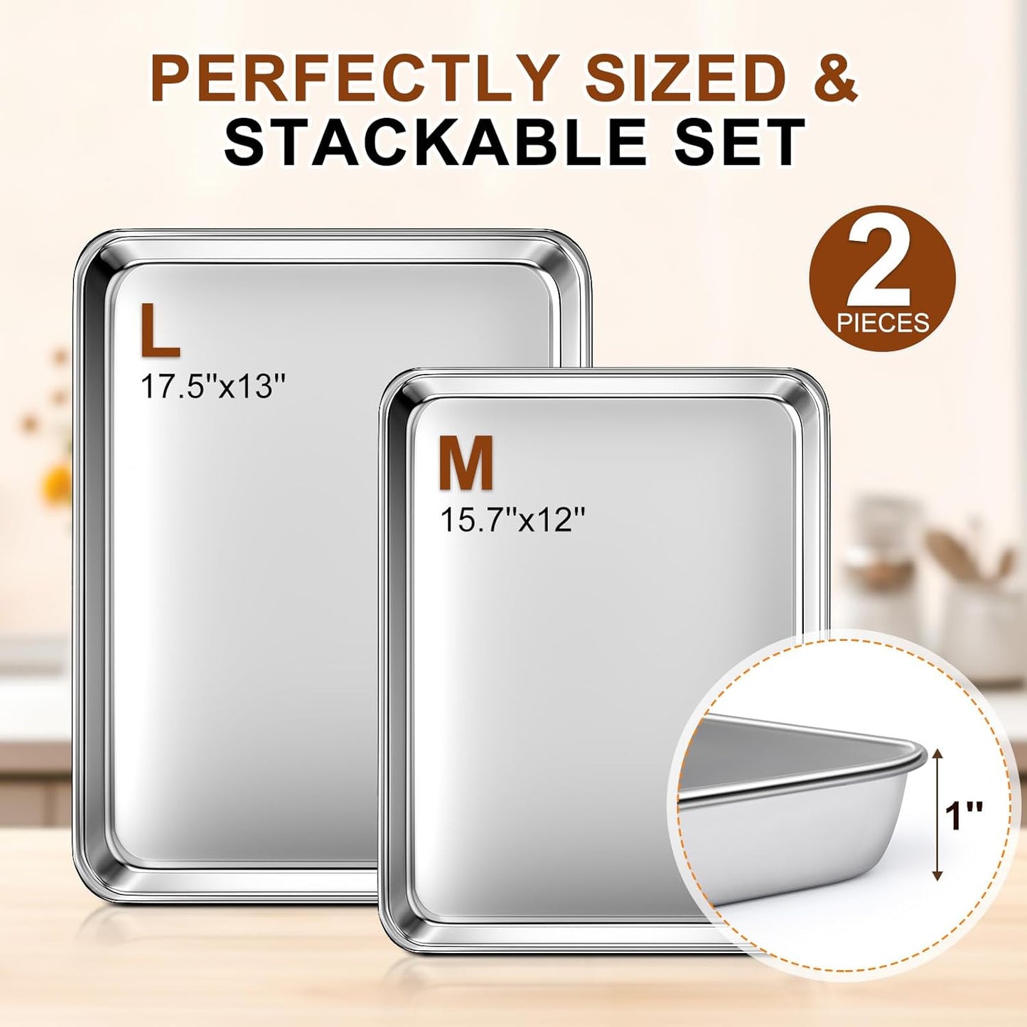 Regine Switzerland Baking Sheet Set - Commercial Grade Stainless Steel Cookie Sheets | 17.5"x13" & 15.7"x12" - Nonstick & Rust Resistant