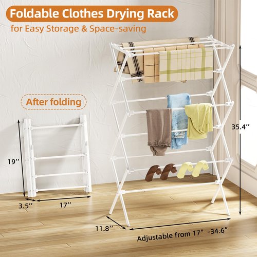 FILROUG Drying Rack Clothing, 3-Tier Clothes Drying Rack Foldable, Antirust Laundry Drying Rack Collapsible Use for Indoor & Outdoor, 11.8" D x 34.6" W x 35.4" H, White