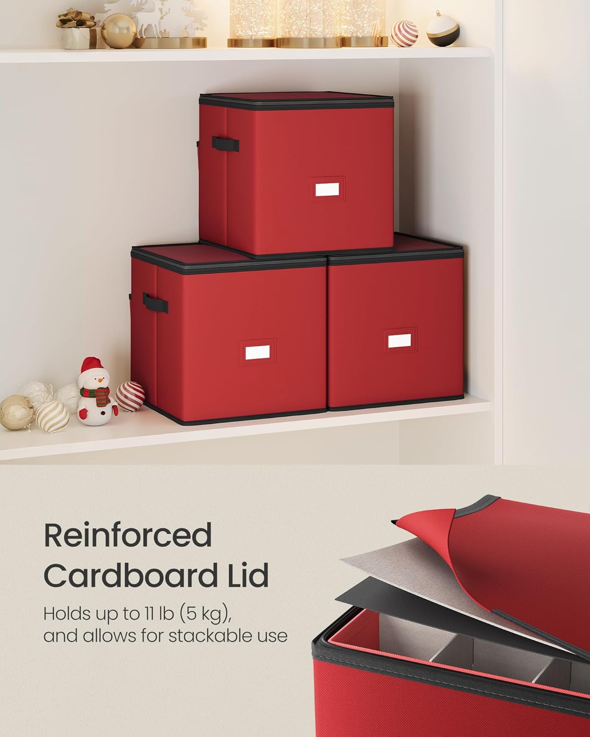 SONGMICS Christmas Ornament Storage Box - Stackable Dual Zipper Container with 64 Slots | Cherry Red, 600D Oxford