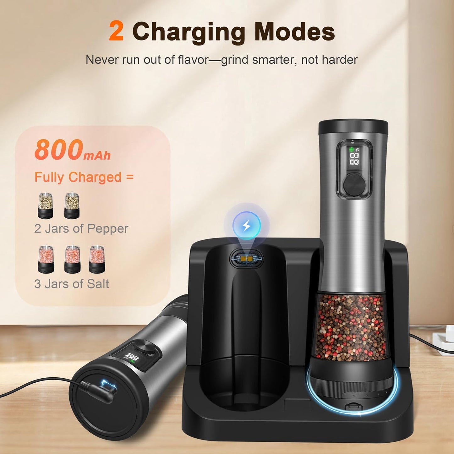 Skiennix Electric Salt and Pepper Grinder Set - Rechargeable Stainless Steel Mill with 2-Speed Settings & LED Light | 100ml Capacity