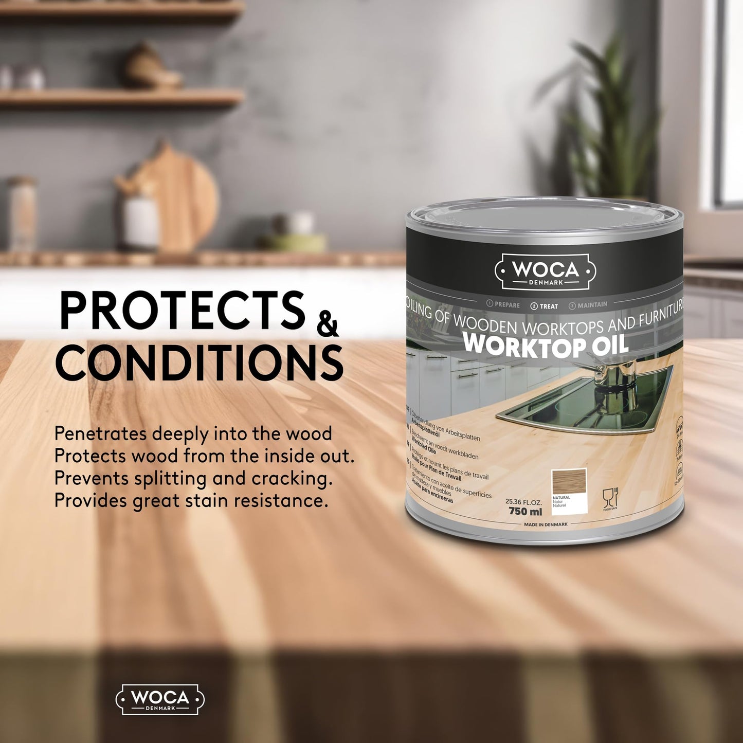 WOCA Denmark Worktop Oil Natural |750 ml| Finish & Restore Wood Butcher Block countertops, Cutting Boards, Kitchen Furniture and Other Wood Items Naturally. Food Contact Safe