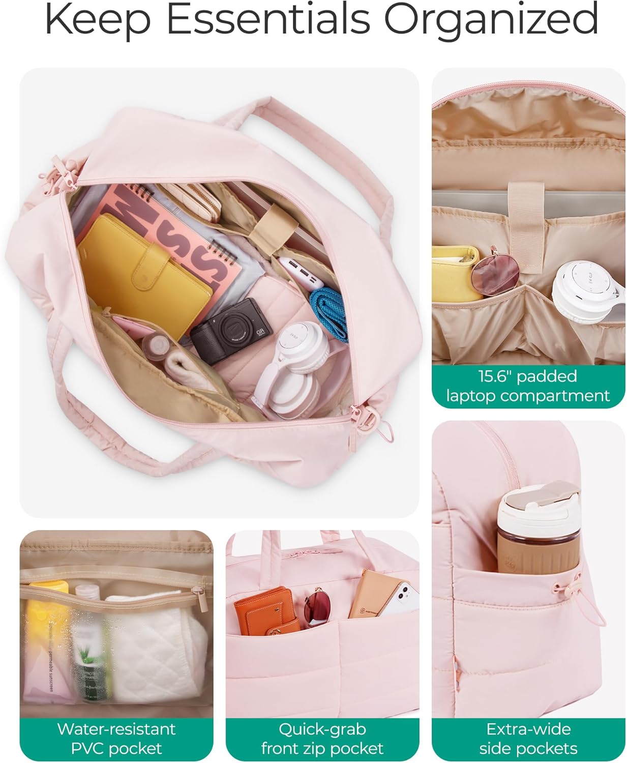BAGSMART Lightweight Puffer Gym Bag - 31L Quilted Duffle & Tote for Travel, Water Resistant, Pink