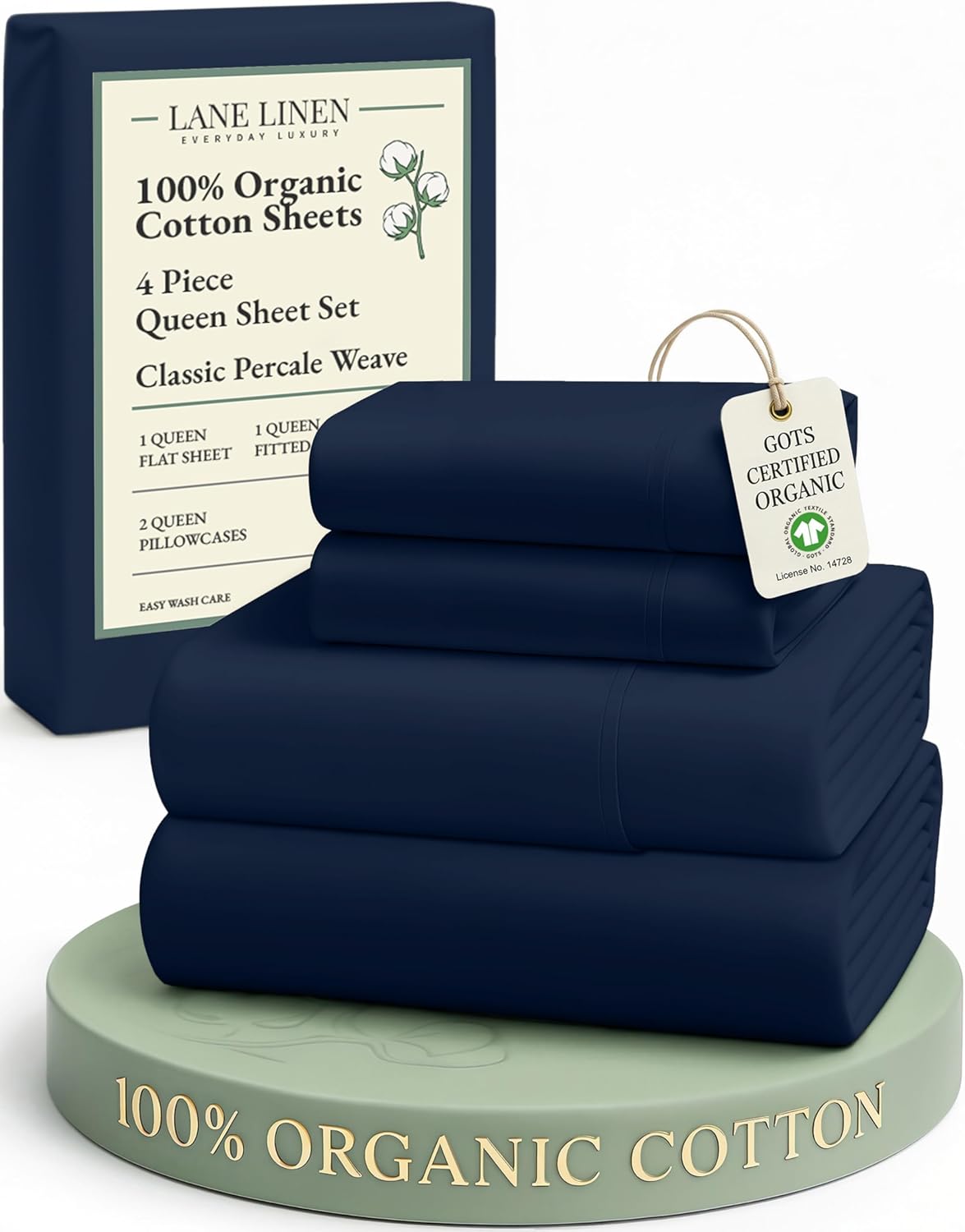 LANE LINEN Organic Cotton Bed Sheets - Eco-Friendly, Soft Percale Weave, Queen Size Set - Navy