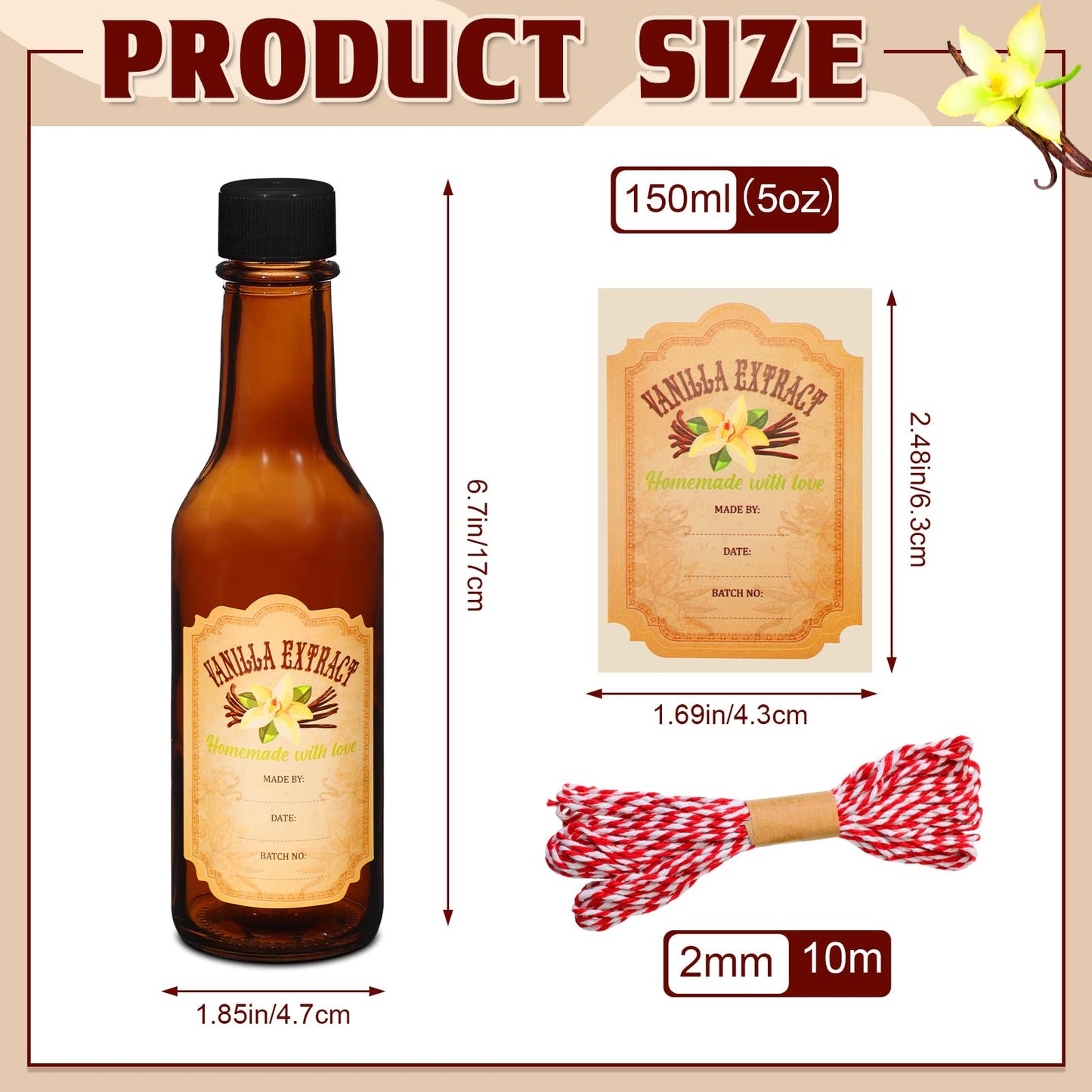 Tioncy 16 Pcs Vanilla Extract Bottles for Homemade Vanilla Jar Glass Bottle with Cap, Shrink Band, Sticker Syrup Gift Food Storage Canister for Bean Sauce Spice(Black, Brown,5 oz)