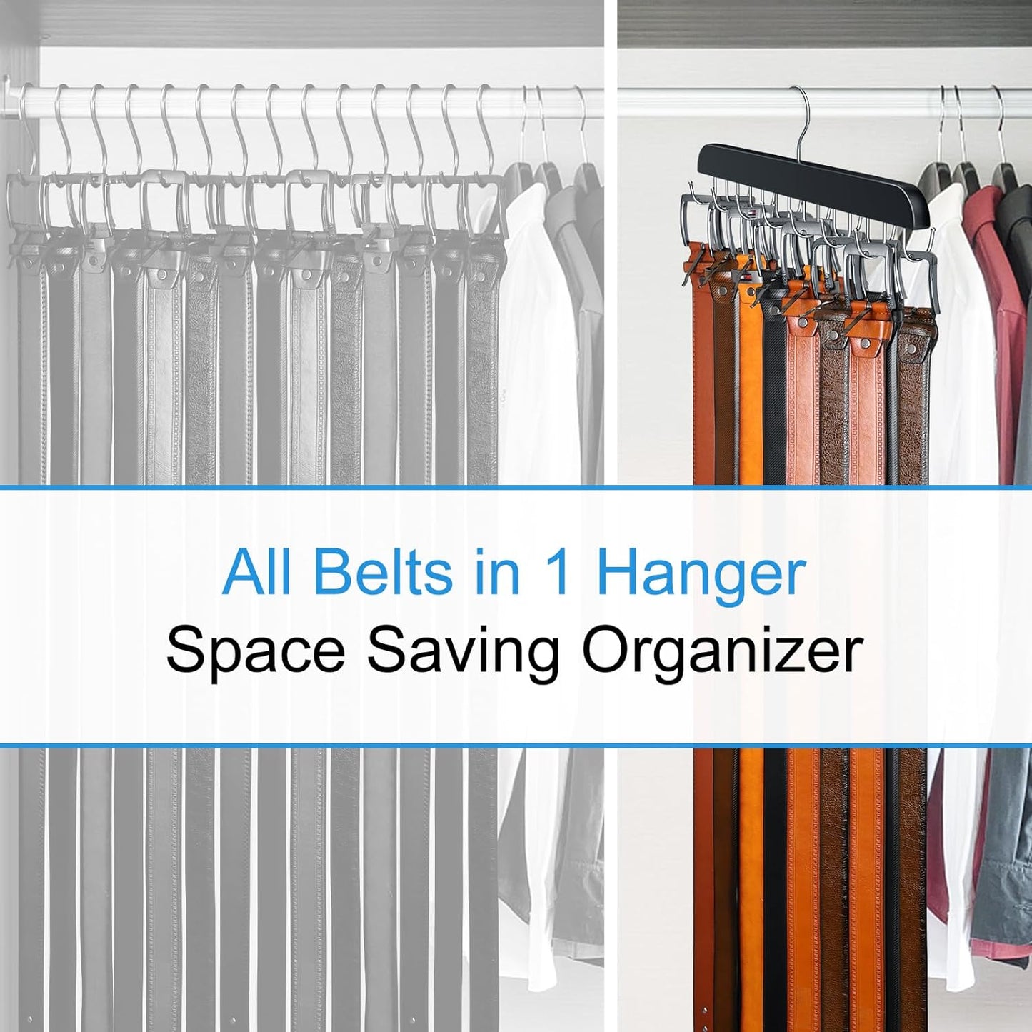 Skiennix Belt Hanger - Sturdy Wood Belt Rack with 14 Hooks for Closet Organization | Black, 1 Pack