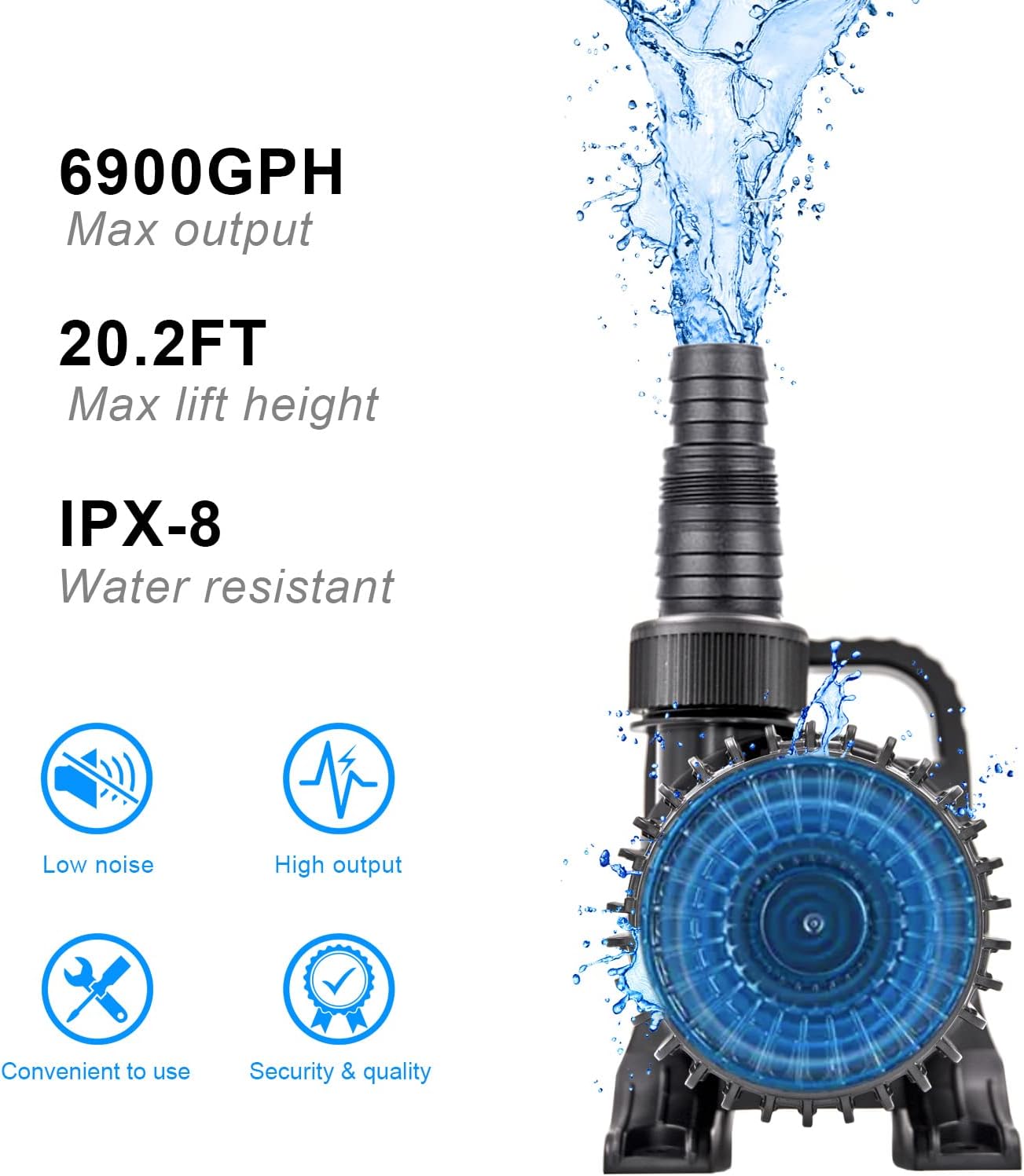 OYO WATER Submersible Pond Pump - 6900 GPH, 320W, 32.8FT Cord for Quiet Waterfalls & Fountains