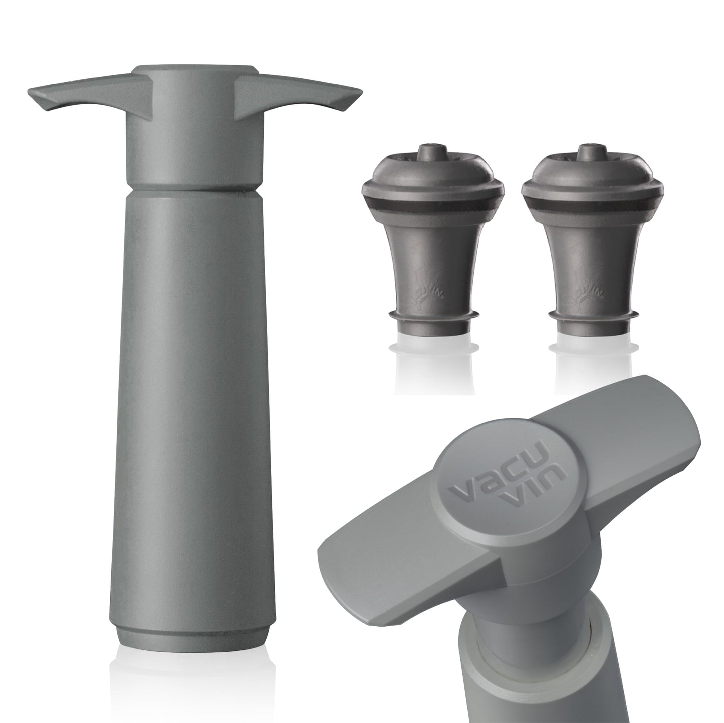 Vacu Vin Wine Saver Pump Grey with Vacuum Wine Stopper - Keep Your Wine Fresh for up to 10 Days - 1 Pump 2 Stoppers - Reusable - Made in the Netherlands
