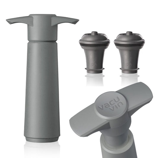 Vacu Vin Wine Saver Pump Grey with Vacuum Wine Stopper - Keep Your Wine Fresh for up to 10 Days - 1 Pump 2 Stoppers - Reusable - Made in the Netherlands