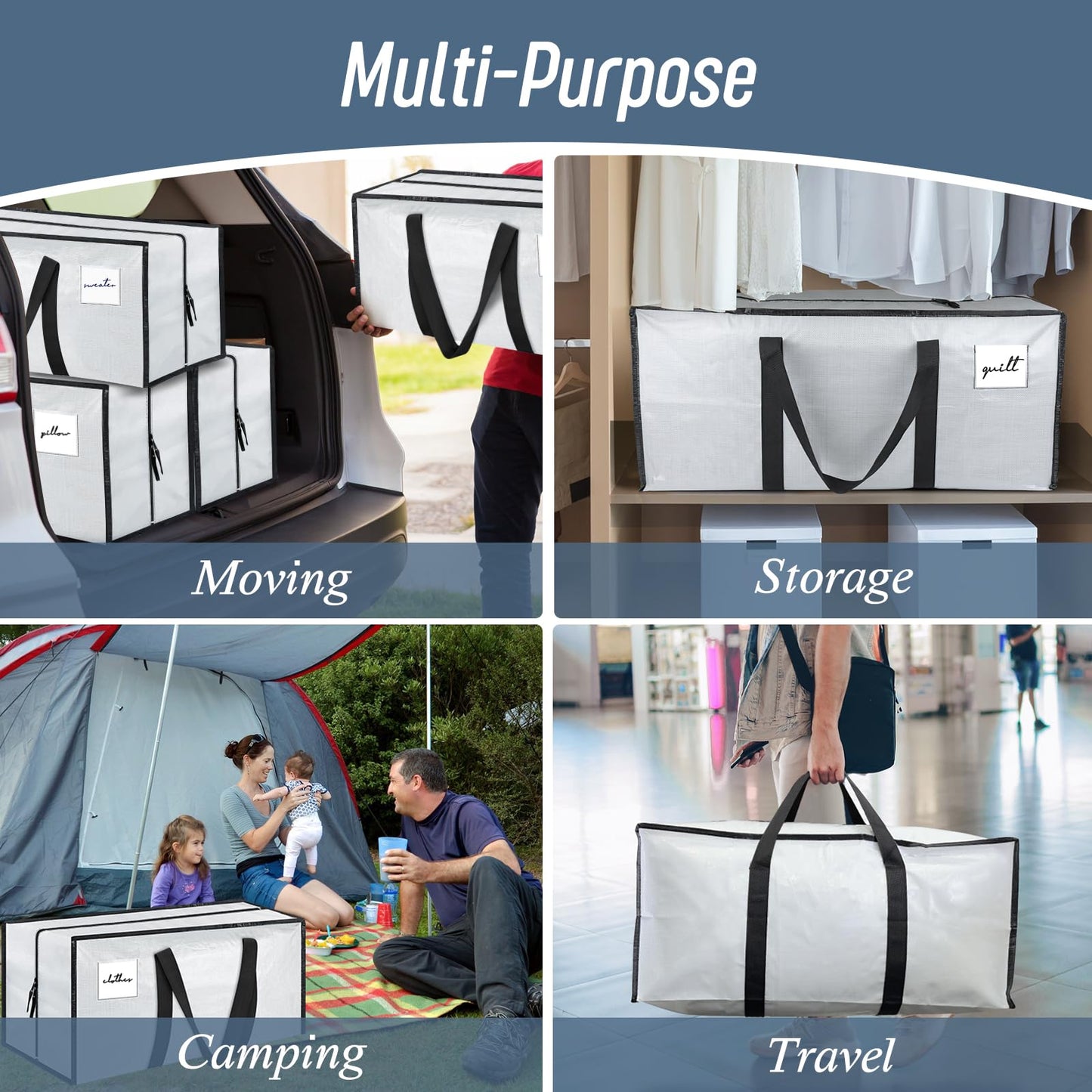 6 Pack Extra Heavy Duty Large Moving Bags with Strong Zipper & Comfortable Handles, Sturdy & Durable Clothes Storage Bags Totes Bins, Packing Moving Boxes for College Supplies, White
