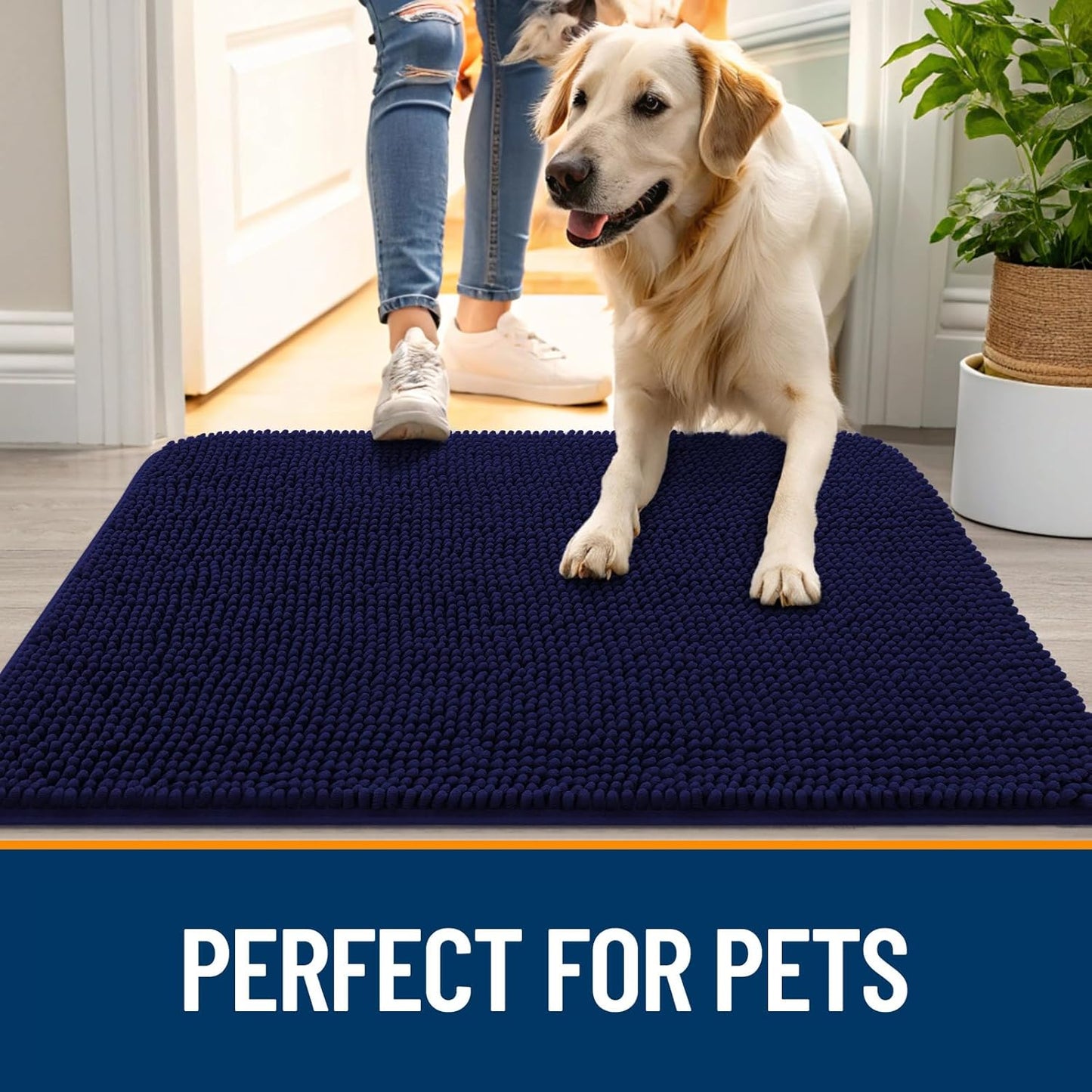 OLANLY Dog Door Mat - Absorbent Non-Slip Chenille Mat for Muddy Paws | 70x46, Navy Blue