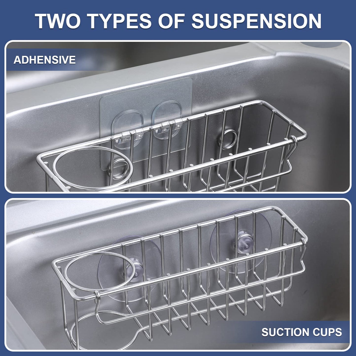 3-In-1 Sponge Holder for Kitchen Sink with Suction Cups & Adhesive Hook , In-sink Sponge Holder, Wall Hanging Sink Caddy Organizer Rack - Sponge, Dish Cloth, Brush, Scrubber - 304 Stainless Steel