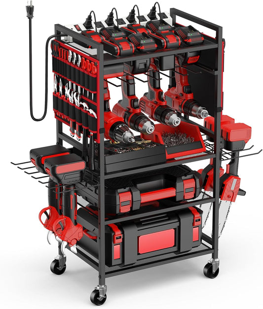 JUNNUJ Power Tool Organizer Cart - Heavy Duty Rolling Storage Rack with 20A Charging Station | Red