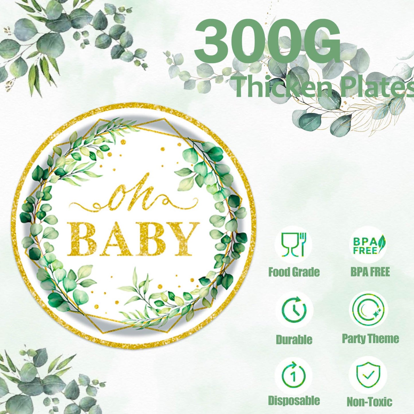 Sage Greenery Baby Shower Plates and Napkins Tableware Set - 175pcs Gender Neutral Baby Shower Decorations Oh Baby Party Supplies, Disposable Paper Plates Napkins for Baby Girl Boy Shower Decorations