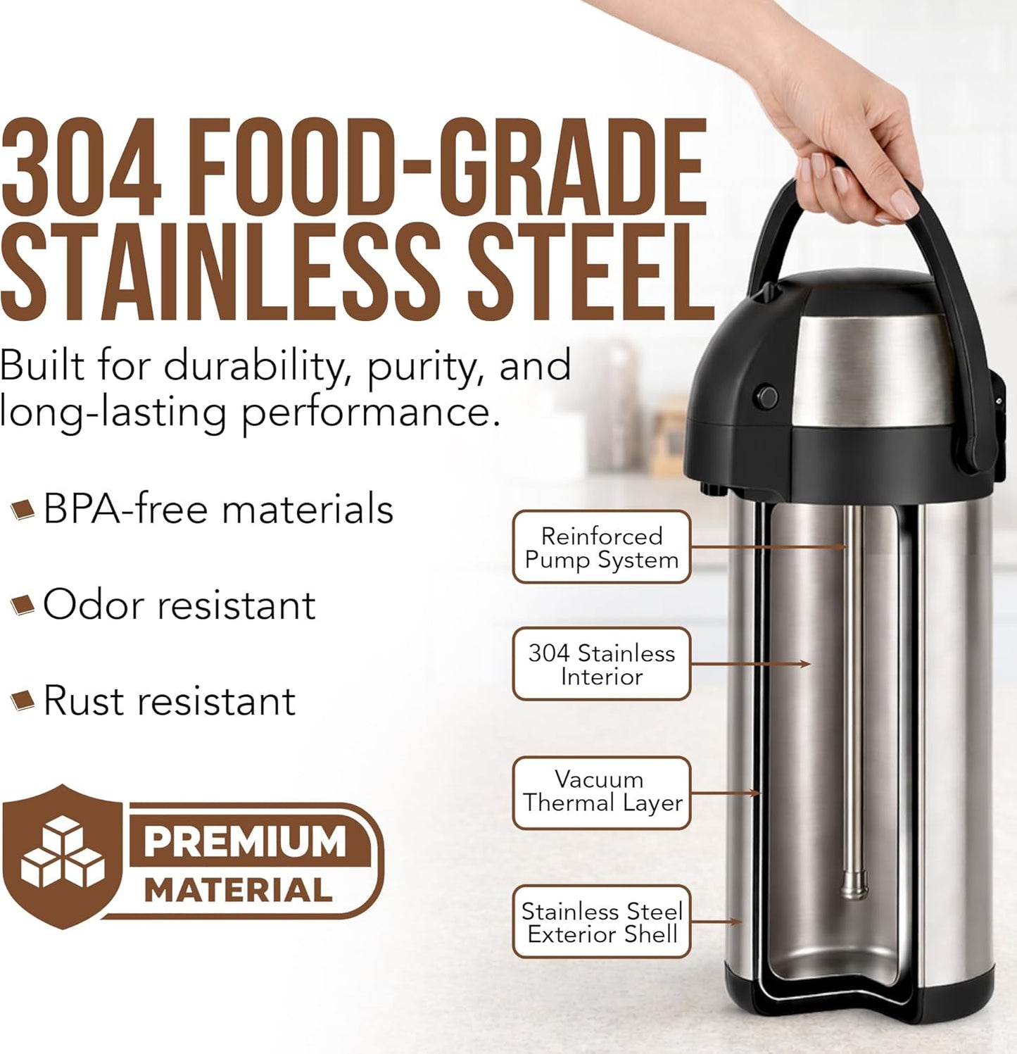 Skiennix Insulated Coffee Carafe - 102 OZ Stainless Steel Hot Beverage Dispenser | Thermal Pump Airpot