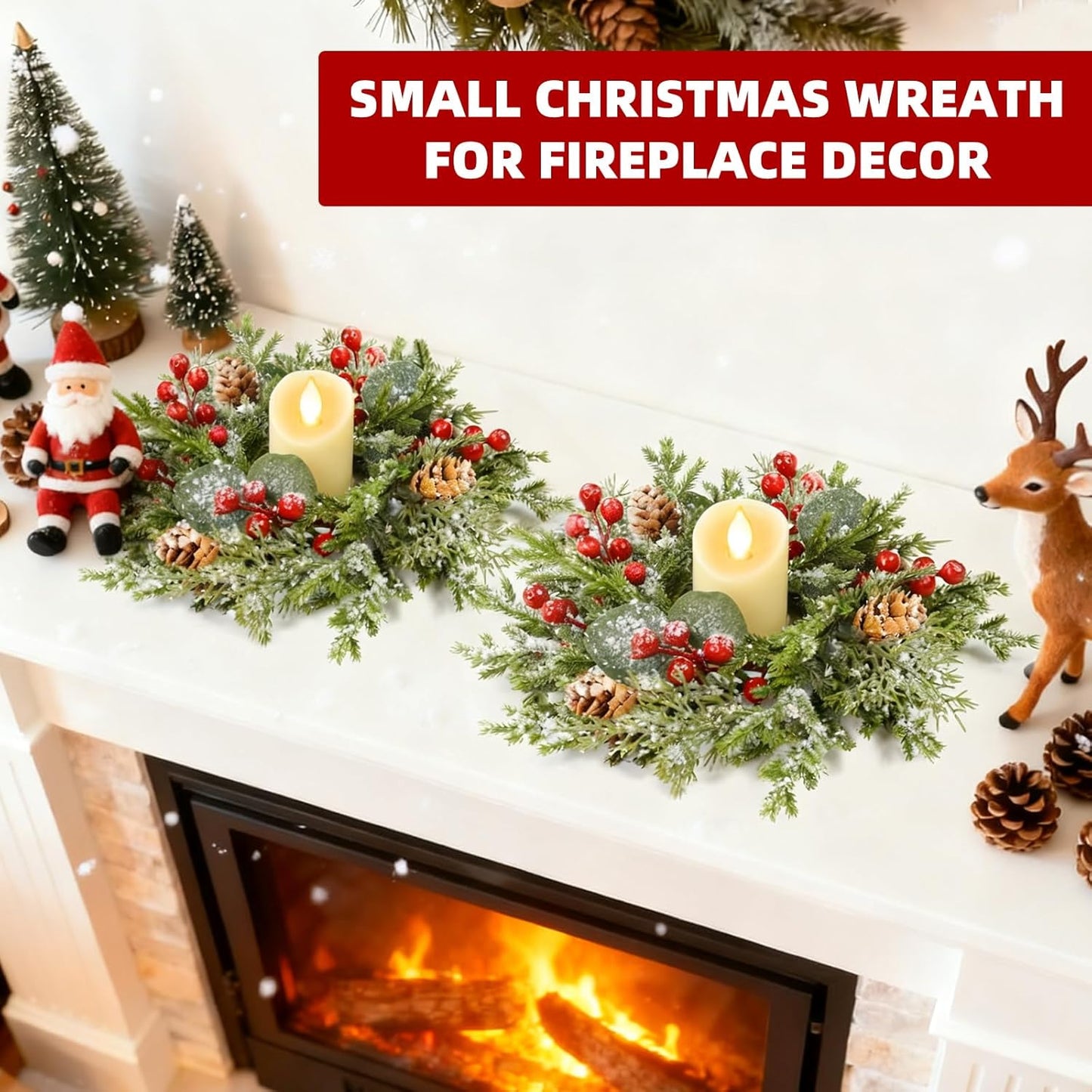 Skiennix Flocked Christmas Candle Rings - Mini Wreaths with Snowy Pinecones & Red Berries | 10"x3.5" Centerpiece Decor