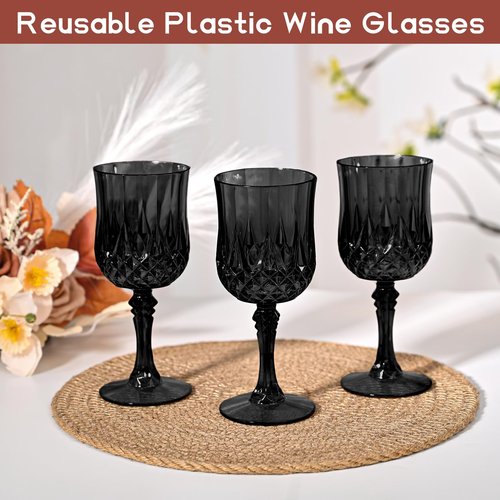 24 Pcs Black Plastic Wine Glasses, Plastic Goblets for Parties, Vintage Wine Glasses Bulk, Reusable Drinking Glass, Drinkware Cups for Wedding Party Reception Event Supplies
