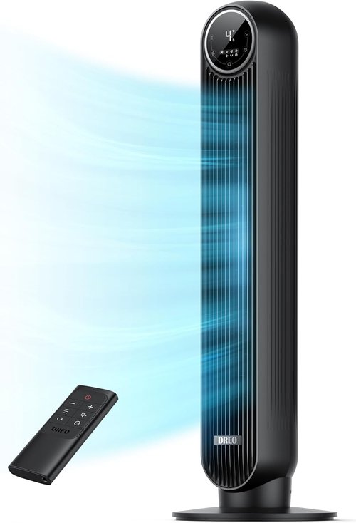 DREO Bladeless Tower Fan - Ultra Quiet 20dB, 8 Speeds, 90° Oscillation, Remote Control - Black