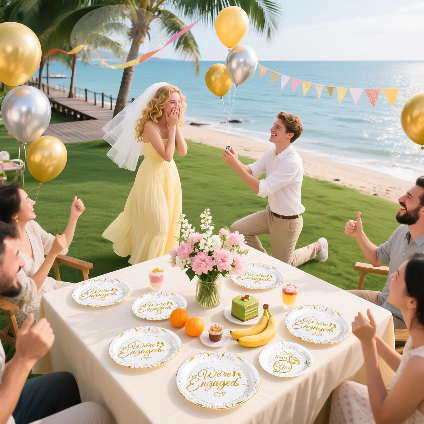 Grencian 96Pcs Happy Engagement Party Supplies White Gold Diamond Ring Plates Napkins She Said Yes Party Disposable Dinnerware for Wedding Bridal Shower Just Engaged Decoration Serve 24