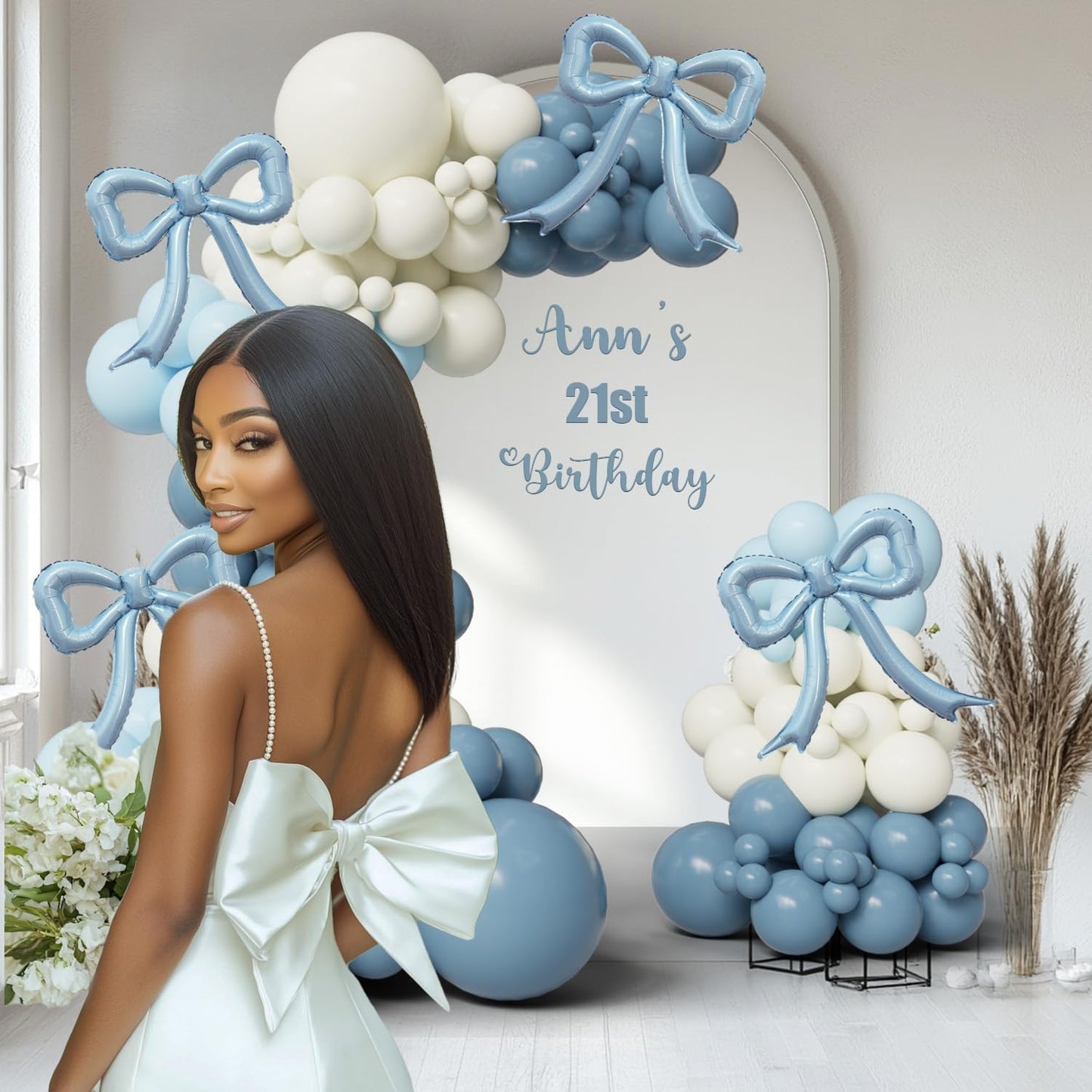 Skiennix 4Pcs Blue Bow Foil Balloons Set - Dusty Blue Mylar Balloons for Birthday & Baby Showers