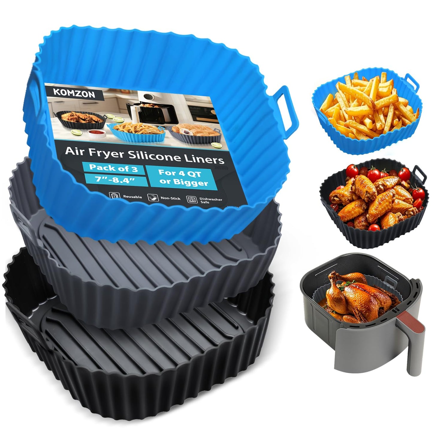 Komzon Silicone Air Fryer Liners Reusable 3 PCS, Airfryer Liners, Silicone Air Fryer Basket Liners Square, Food Grade AirFryer Accessories 4-7 QT, Ktchen Gadgets for Pot Oven Liner Baking Tray Pan