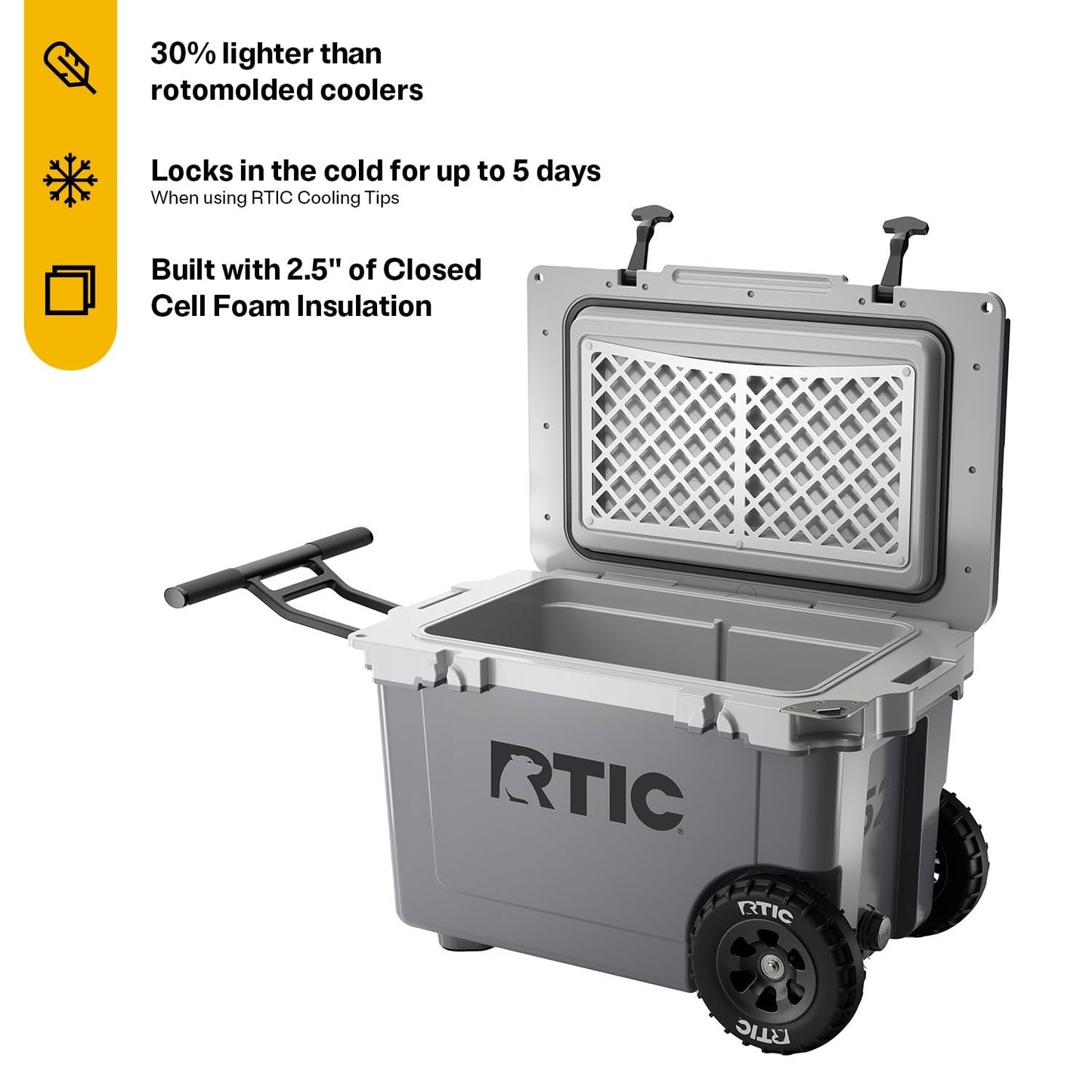 RTIC 52 Quart Ultra-Light Wheeled Hard Cooler Insulated Portable Ice Chest Box for Beach, Drink, Camping, Picnic, Fishing, Boat, Barbecue, 30% Lighter Than Rotomolded Coolers, Dark Grey & Cool Grey